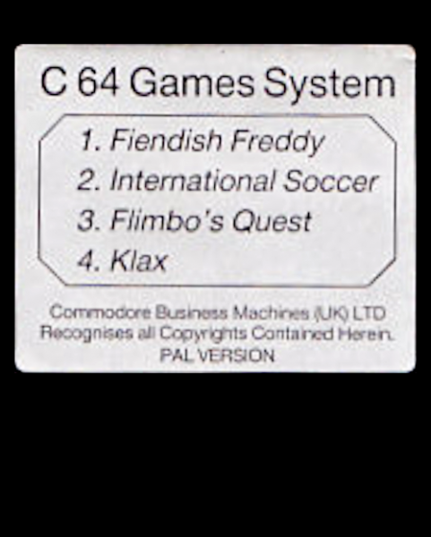 C64 Games System : Fiendish Freddy's Big Top o' Fun / International Soccer / Flimbo's Quest / Klax — support-texture (EU)