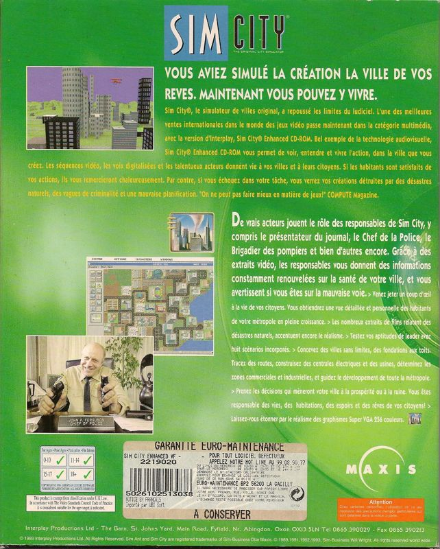 SimCity - Enhanced CD-ROM — box-2D-back (FR)