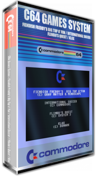 C64 Games System : Fiendish Freddy's Big Top o' Fun / International Soccer / Flimbo's Quest / Klax — box-3D (CUS)