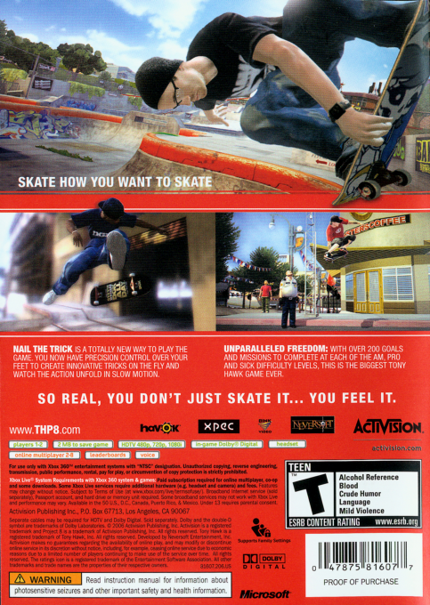 Tony Hawk's Project 8 — box-2D-back (US)