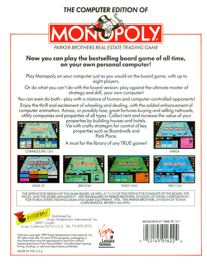 Leisure Genius presents Monopoly — box-2D-back (US)