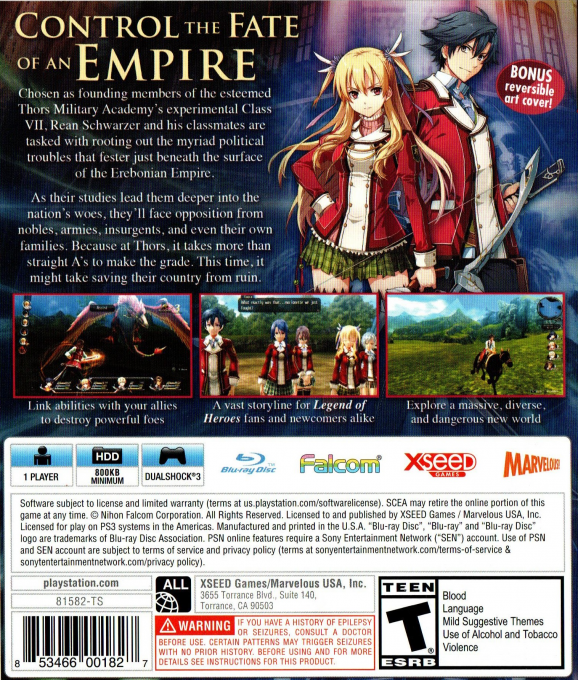 Legend of Heroes, The - Trails of Cold Steel — box-2D-back (US)