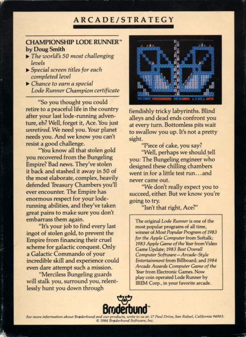 Championship Lode Runner — box-2D-back (US)