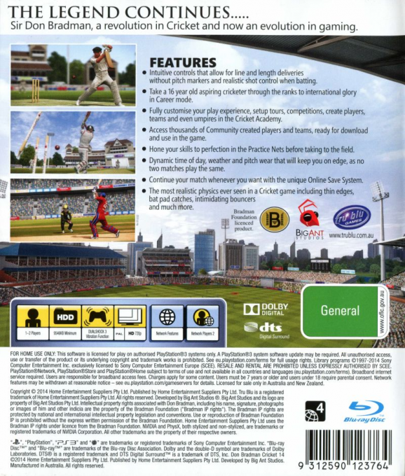 Don Bradman Cricket 14 — box-2D-back (AU)