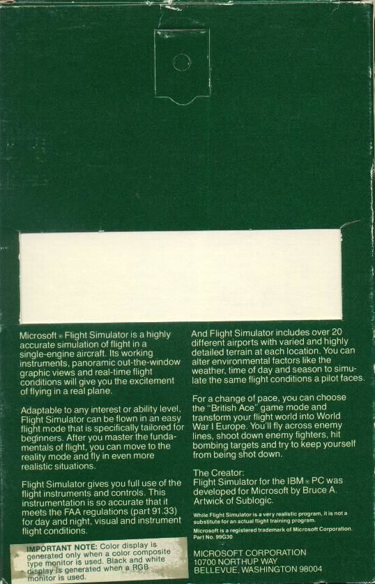 Microsoft Flight Simulator (v1.0) — box-2D-back (US)