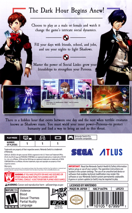 Persona 3 Portable — box-2D-back (US)