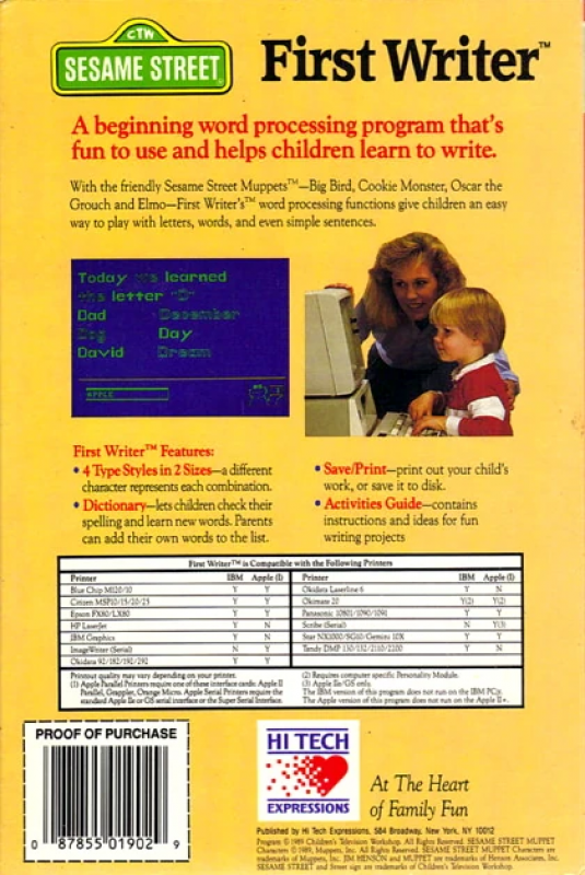 Sesame Street - First Writer — box-2D-back (US)