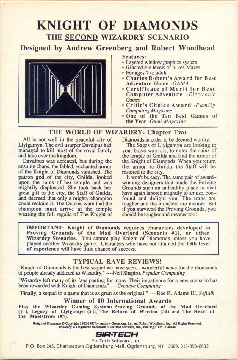 Wizardry II: The Knight of Diamonds — box-2D-back (WOR)