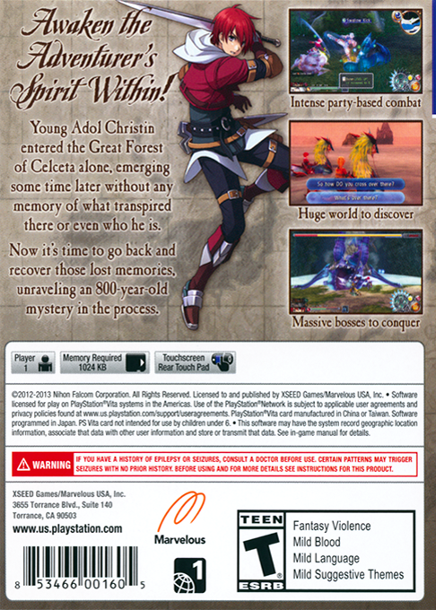 Ys - Memories of Celceta — box-2D-back (US)