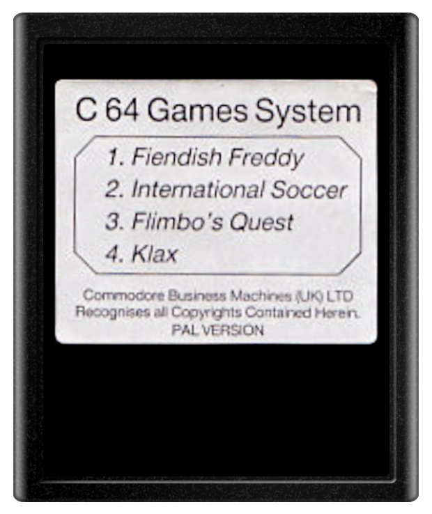 C64 Games System : Fiendish Freddy's Big Top o' Fun / International Soccer / Flimbo's Quest / Klax — support-2D (EU)