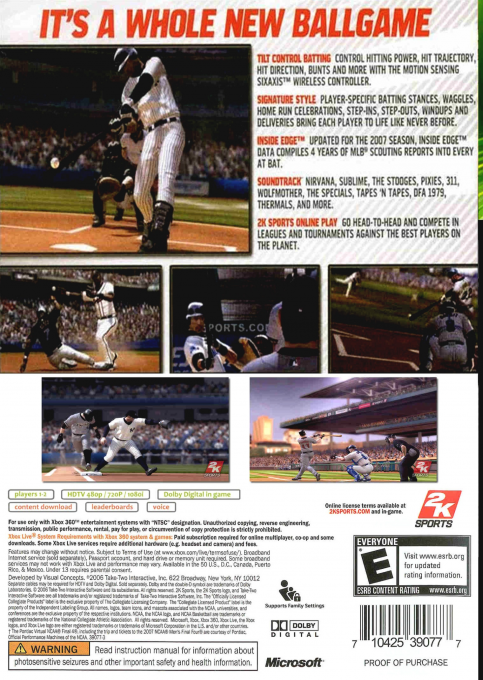 Major League Baseball 2K7 — box-2D-back (US)