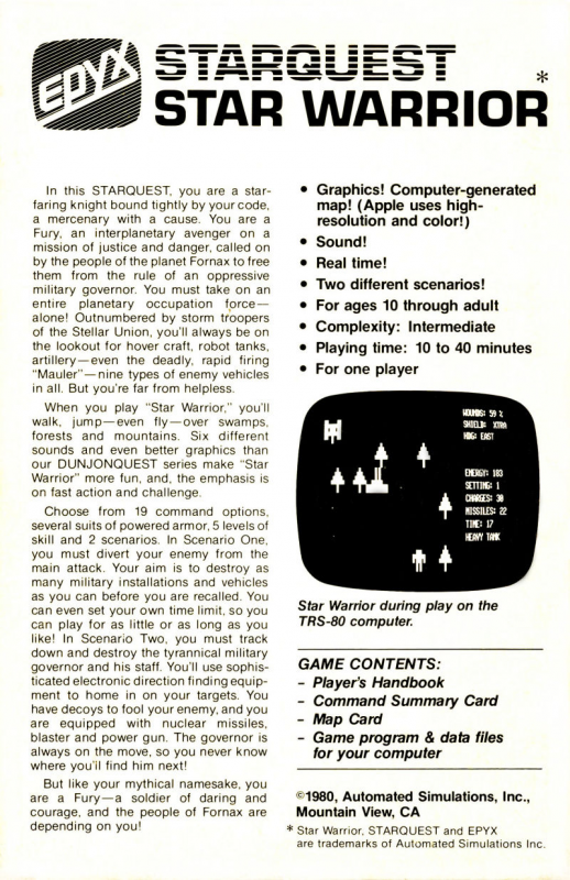 Starquest - Star Warrior — box-2D-back (US)