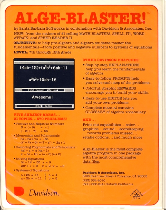 Alge-Blaster! — box-2D-back (US)