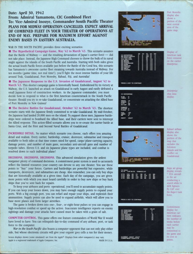 War In The South Pacific — box-2D-back (US)