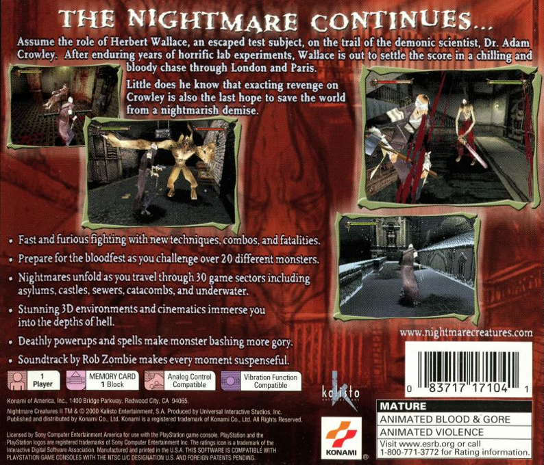 Nightmare Creatures II — box-2D-back (US)