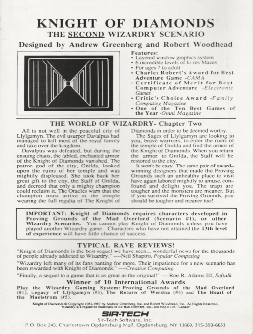 Wizardry - Knight of Diamonds - The Second Scenario — box-2D-back (US)