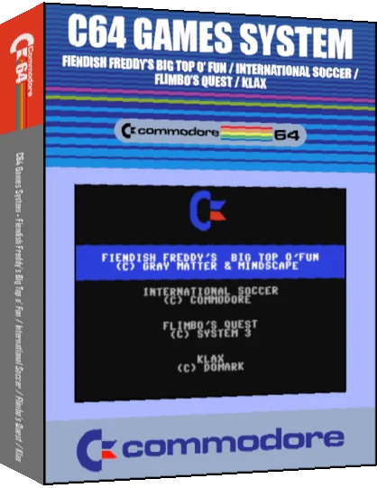 Fiendish Freddy's Big Top o' Fun + International Soccer + Flimbo's Quest + Klax — box-3D (CUS)