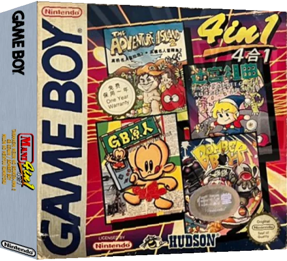 Mani 4 in I : Takahashi Meijin no Bouken-jima II + GB Genjin + Bomber Boy + Milon no Meikyuu Kumikyoku — box-3D (WOR)