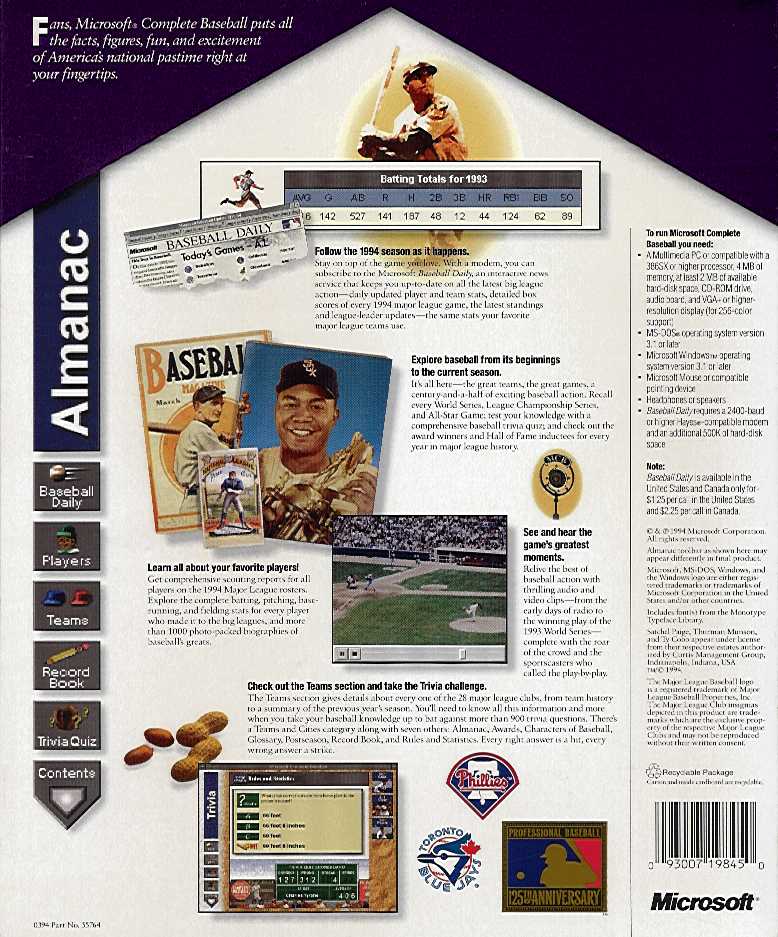 Microsoft Complete Baseball: 1994 Edition — box-2D-back (WOR)
