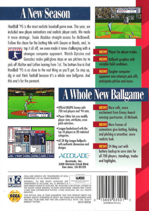 Hardball '95 — box-2D-back (US)