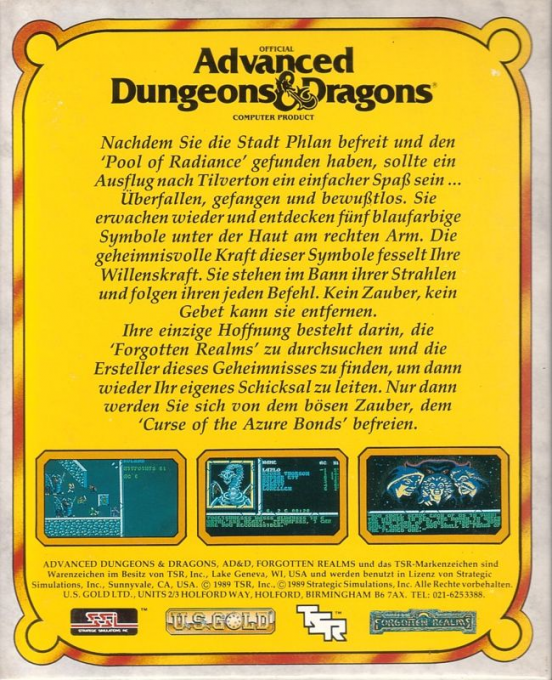 Advanced Dungeons & Dragons - Curse of the Azure Bonds - A Forgotten Realms Fantasy Role-Playing Epic, Vol.II — box-2D-back (EU)
