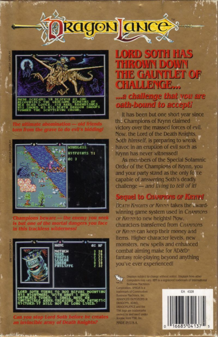 Advanced Dungeons & Dragons - Death Knights of Krynn - A DragonLance Fantasy Role-Playing Epic, Vol.II — box-2D-back (US)