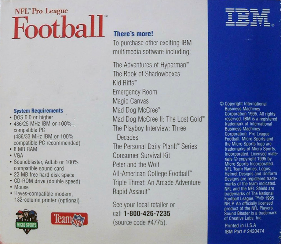 NFL Pro League Football '95 — box-2D-back (US)