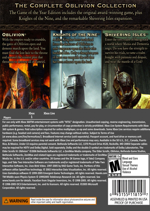Elder Scrolls IV, The - Oblivion - Edicion Juego del Ano — box-2D-back (CUS)