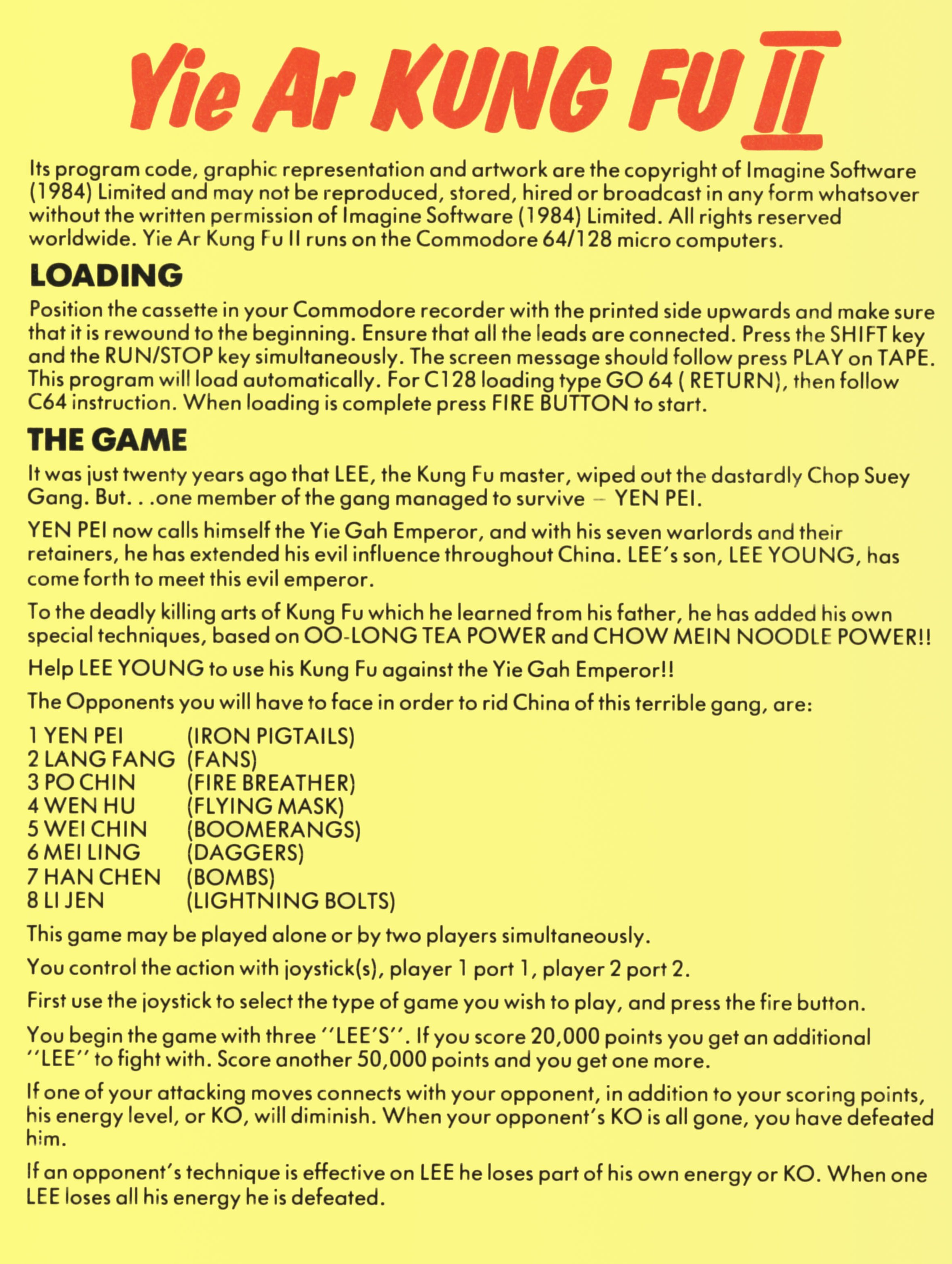 Yie Ar Kung-Fu 2 — box-2D-back (US)