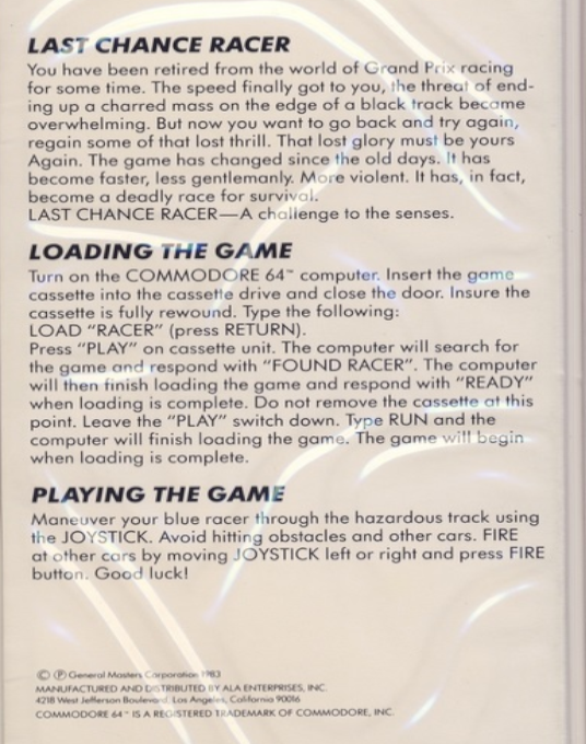 Last Chance Racer — box-2D-back (US)