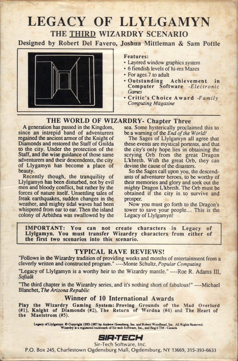 Wizardry III: Legacy of Llylgamyn — box-2D-back (WOR)