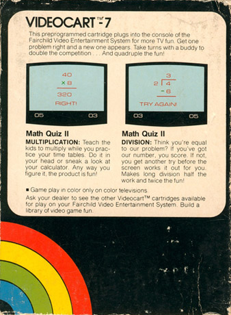 Videocart-7 - Math Quiz 2 - Multiplication, Division — box-2D-back (US)