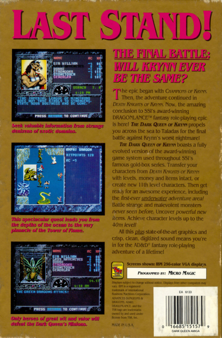 Advanced Dungeons & Dragons - The Dark Queen of Krynn - A DragonLance Fantasy Role-Playing Epic, Vol.III — box-2D-back (US)