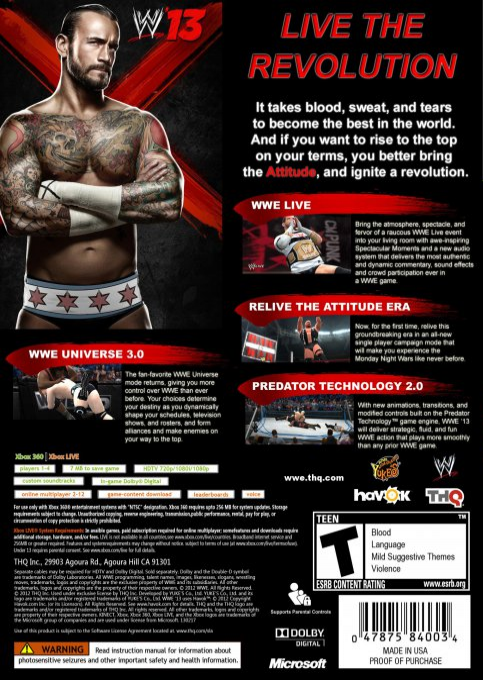 WWE '13 — box-2D-back (US)