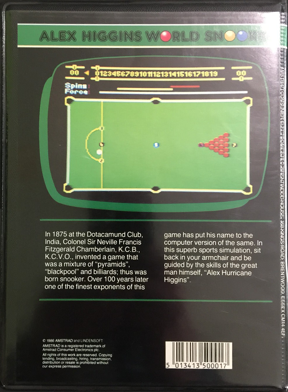 Alex Higgins' World Snooker — box-2D-back (WOR)