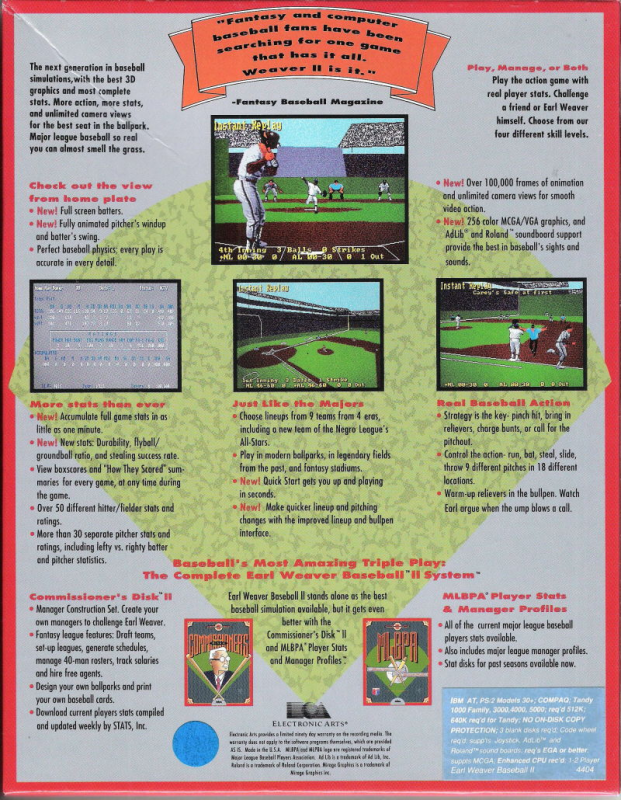 Earl Weaver Baseball 2 — box-2D-back (US)