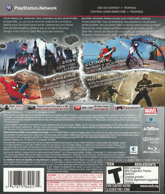 Spider-Man - Shattered Dimensions — box-2D-back (CA)