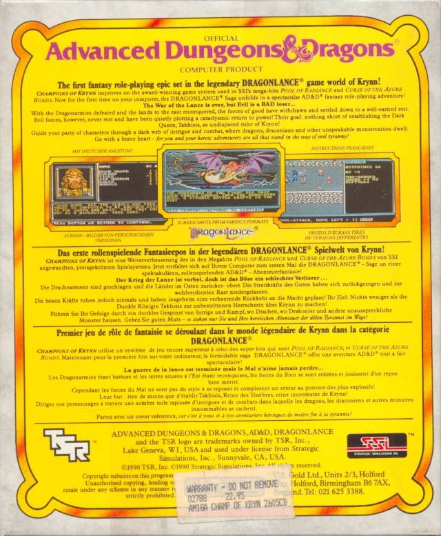 Advanced Dungeons & Dragons - Champions of Krynn - A DragonLance Fantasy Role-Playing Epic, Vol.I — box-2D-back (EU)
