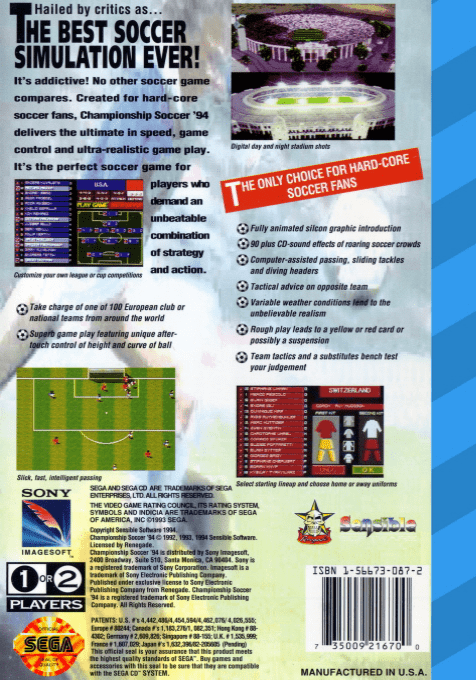 Championship Soccer '94 — box-2D-back (US)