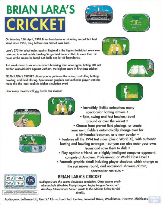 Brian Lara's Cricket — box-2D-back (EU)