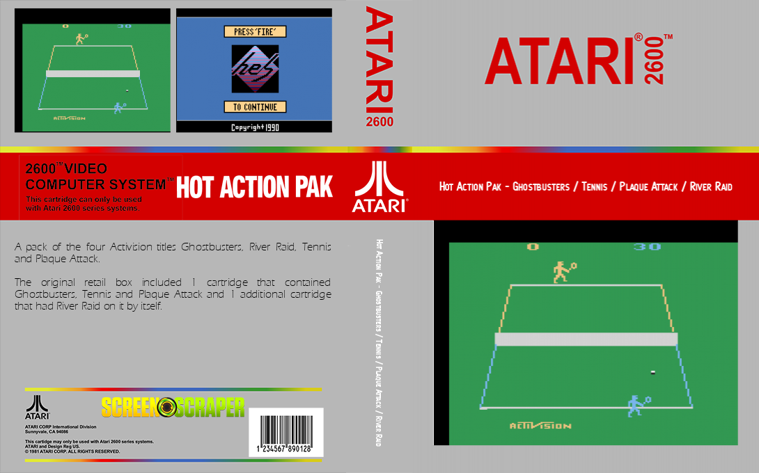Hot Action Pak - Ghostbusters / Tennis / Plaque Attack / River Raid — box-texture (SS)