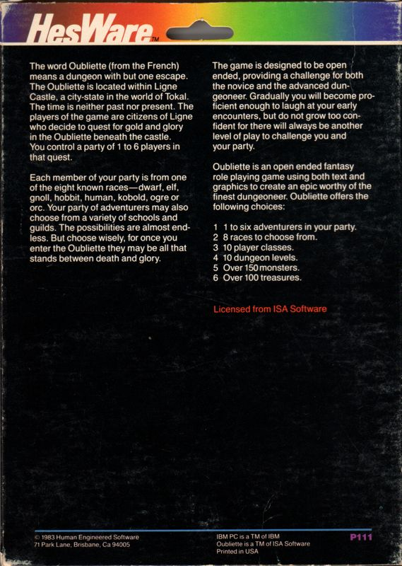 Oubliette — box-2D-back (US)