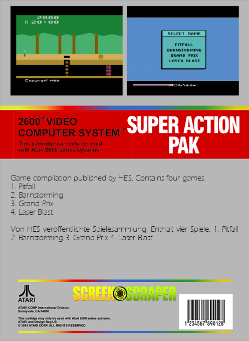 Super Action Pak - Pitfall / Grand Prix / Laser Blast / Barnstorming — box-2D-back (SS)