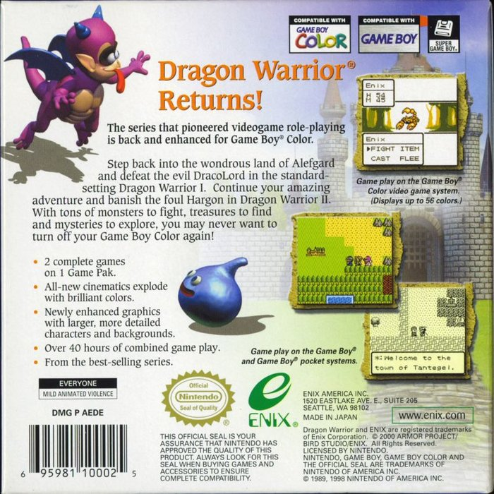 Dragon Warrior 1 And 2 — box-2D-back (US)