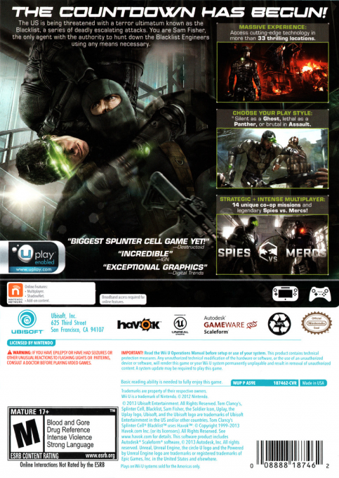 Tom Clancy's Splinter Cell - Blacklist — box-2D-back (US)