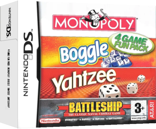 4 Game Fun Pack - Monopoly + Boggle + Yahtzee + Battleship — box-3D (US)