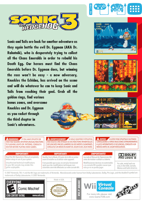 Sonic The Hedgehog 3 — box-2D-back (US)