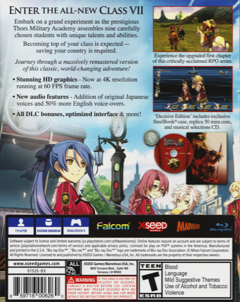 Legend of Heroes, The - Trails of Cold Steel — box-2D-back (US)