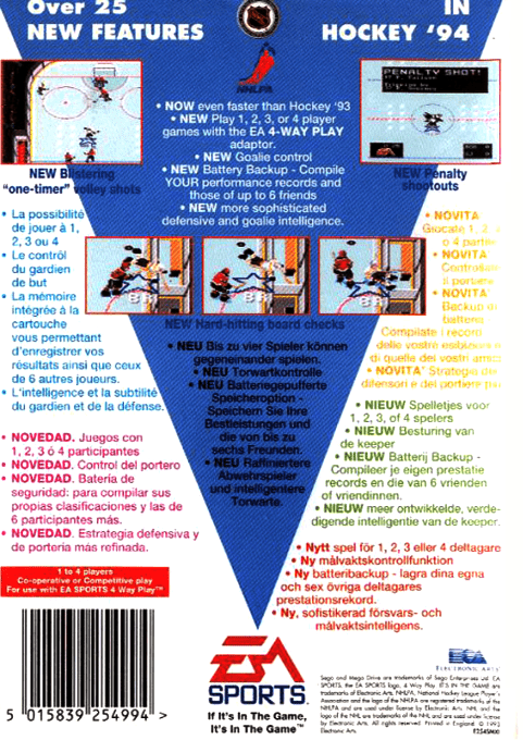 NHL Hockey '94 — box-2D-back (EU)