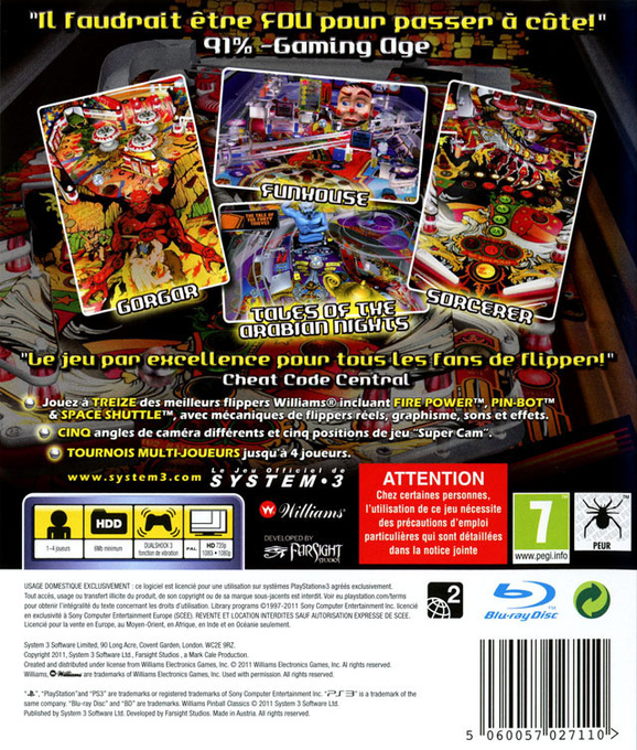 Williams Pinball Classics — box-2D-back (FR)